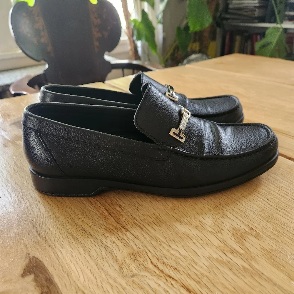 A Testoni Mens Black Loafers Box Pebble Leather Silver Horse‎ Bit Shoes Sz 8